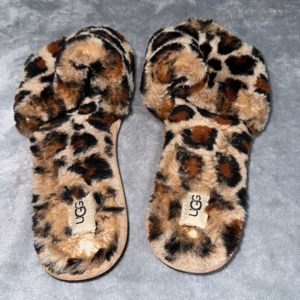 UGG Womens Fluffita Panther Print Slide Slippers 8 Leopard Faux Fur Loungewear